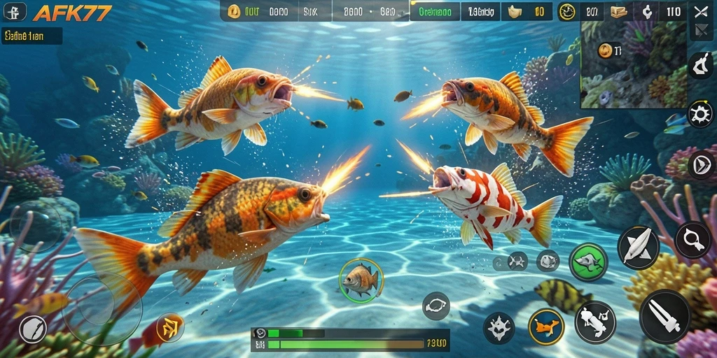 Tampilan gameplay seru dari AFK77 saat menembak ikan.