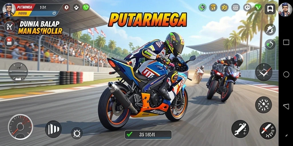 Gameplay seru dalam PUTARMEGA dengan balap motor yang mendebarkan.
